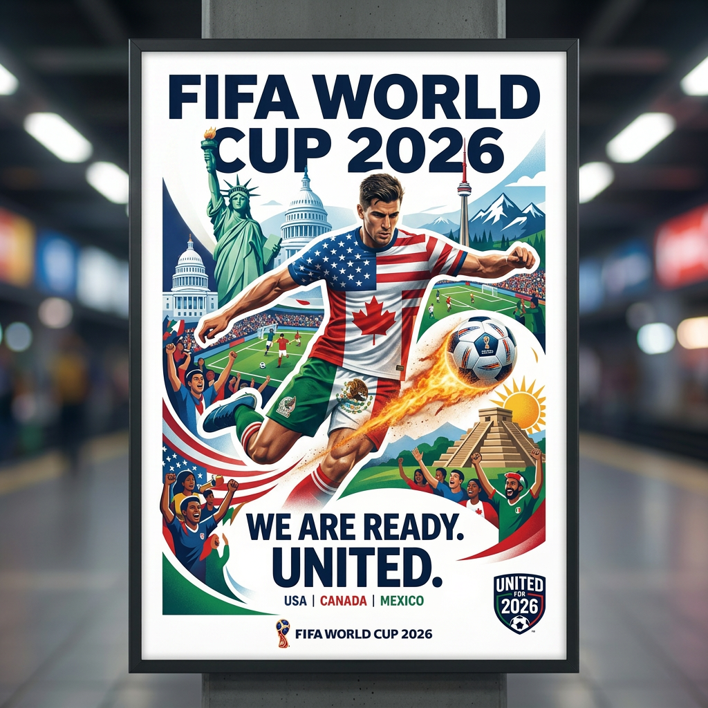 Illustration of a soccer player with USA, Canada, Mexico flags and iconic landmarks for FIFA World Cup 2026