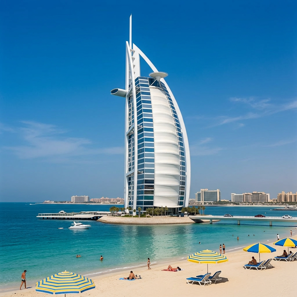 Iconic luxury hotel by the sea Burj Al Arab luxury hotel on artificial island near beach with umbrellas and people